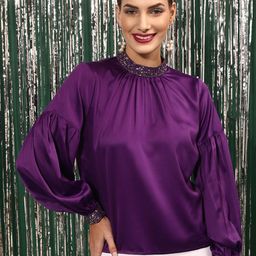 STREET 9 High Neck Sequined Gathered Puff Sleeves Top-image-8