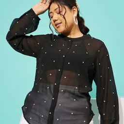 QUIERO MAS Plus Size Printed Band Collar Puff Sleeves Georgette Regular Top image 1