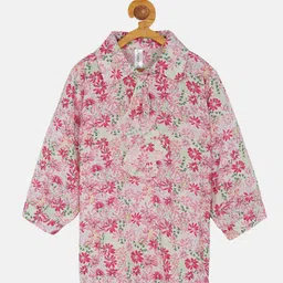 KiddoPanti White & Pink Floral Print Collar Neck Georgette Top-image-97