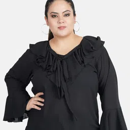 Indietoga Women Plus Size Tie-Up Neck Bell Sleeve Ruffles Top-6