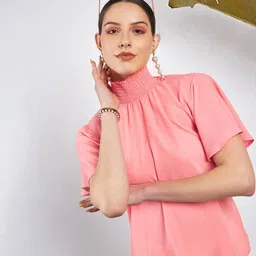 SASSAFRAS Peach-Coloured High Neck Flared Sleeve Smocked Georgette Top-picture-26
