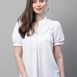 La Zoire Mandarin Collar Puff Sleeves Georgette Top-picture-27