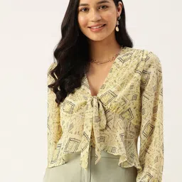Slenor Floral Print Tie-Up Neck Puff Sleeve Georgette Top-picture-16