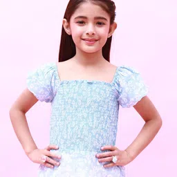 NUEVOSDAMAS Girls Floral Printed Puff Sleeve Smocked Georgette Top-picture-10