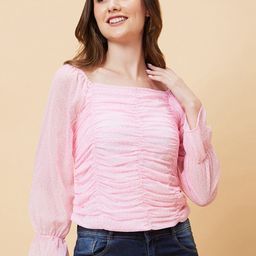 Globus Floral Printed Square Neck Bell Sleeves Georgette Ruched Top-image-93