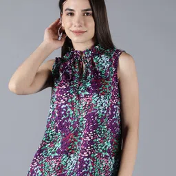 MINGLAY Purple Print Tie-Up Neck Crepe Top-image-62