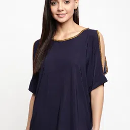 Mayra Navy Blue Solid Cold Shoulder Top-image-50