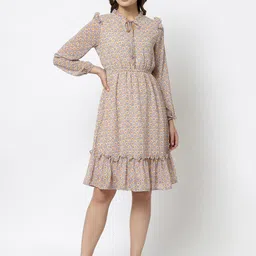Gipsy Mauve & Orange Floral printed Tie-Up Neck Georgette Dress-6