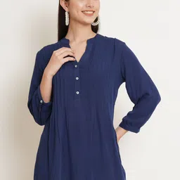 IX IMPRESSION Navy Blue Mandarin Collar Longline Top-image-64