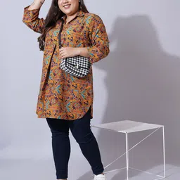U&F Beyond Women Plus Size Print Crepe Shirt Style Longline Top-picture-16