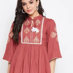 WineRed Maroon & White Embroidered A-line Top-9