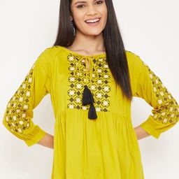 WineRed Yellow & Black Embroidered Rayon Tie-Up Neck A-Line Top-image-38
