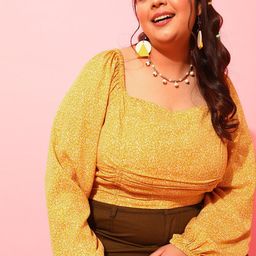 CURVY STREET Yellow Plus Size Floral Printed Square Neck Puff sleeeves Crepe Crop Top-picture-14