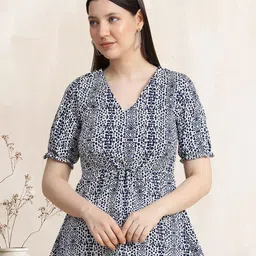 BAESD Abstract Printed V-Neck Puff Sleeve Empire Top-image-50