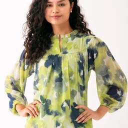 AASK Abstract Printed Puff Sleeves Gathered Detailed Top-picture-32
