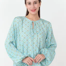 Zink London Geometric Printed Tie-Up Neck Puff Sleeves A-Line Top-image-92
