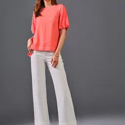 AND Round Neck Puff Sleeves High-Low Top-image-47