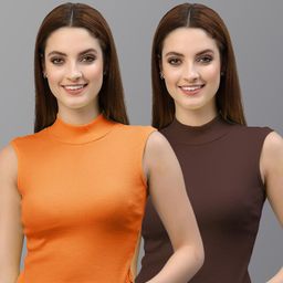 Friskers Women Orange & Brown Set Of 2 High Neck Fitted Crop Top-picture-22