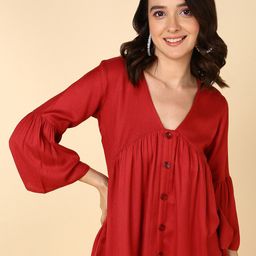 MALHAAR V-Neck Bell Sleeve Gathered Empire Top-image-71