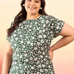Sztori Plus Size Floral Printed Mandarin Collar Extended Sleeves Crepe Top-picture-18