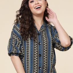 DressBerry Blue Ethnic Motifs Printed Lapel Collar Puff Sleeves Shirt Style Top-15