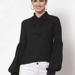 Style Quotient Black Tie-Up Neck Bishop Sleeves Crepe Top-23