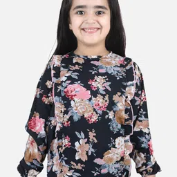 Cutiekins Girls Black & Pink Floral Print Ruffles Crepe Top-image-49