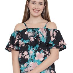 Indietoga Floral Print Cold-Shoulder Shoulder Straps Ruffles Crepe Top-image-20