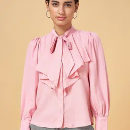 Annabelle by Pantaloons Tie-Up Neck Puff Sleeves Shirt Style Top-picture-52