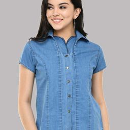 SAAKAA Shirt Collar Short Sleeves Denim Shirt Style Top-image-98