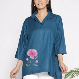 LetsDressUp Floral Printed Shirt Collar High Low Top-picture-39