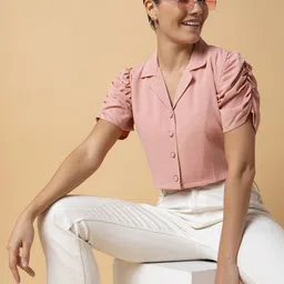 SHOWOFF Women Solid Lapel Collar Synthetic Crepe Top-picture-15