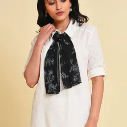 W Roll-Up Sleeves Cotton Shirt Style Top With Detachable Scarf-picture-12