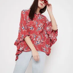 Crimsoune Club Red Floral Printed Flared Sleeves Shirt Style Top-picture-44
