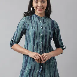 Divena Abstract Printed Mandarin Collar Roll-Up Sleeves Shirt Style Top-9