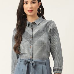 ROOTED Grey Geometric Striped Shirt Style Top-image-87