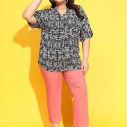 Oxolloxo Mandarin Collar Floral Print Shirt Style Plus Size Top-picture-13
