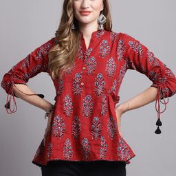 Rajnandini Floral Printed Mandarin Collar Pure Cotton A-line Top-image-89