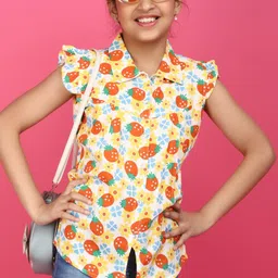 V-Mart Girls Conversational Printed Flutter Sleeves Pleated Cotton Shirt Style Top-6