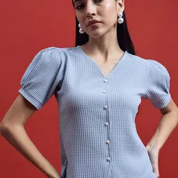 all about you Sky Blue Checked V-Neck Puff Sleeve Regular Top-26
