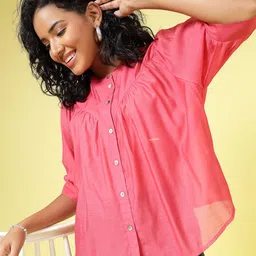 EVERYDAY by ANI Pleated Band Collar Cuffed Sleeves Semi Sheer Shirt Style Casual Top-picture-30