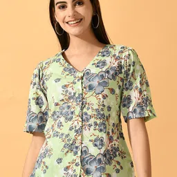 DressBerry Lime Green Floral Printed V-Neck Shirt Style Top-picture-9