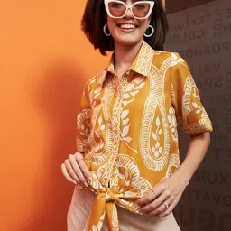 Athena Immutable Mustard Yellow Ethnic Motifs Printed Front Knot Linen Shirt Style Top-image-33
