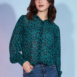 DressBerry Teal Animal Print Cuffed Sleeve Georgette Shirt Style Top-picture-22