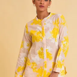 W Pink Floral Print Mandarin Collar Cotton Shirt Style Top-picture-46