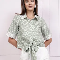 Athena Immutable Geometric Printed Cotton Shirt Style Top With Waist Tie-Ups detail-image-35