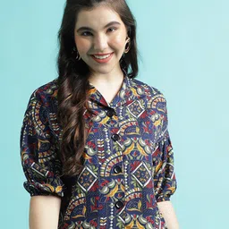 CLEMIRA Ethnic Print Puff Sleeves Crepe Shirt Style Top-image-52
