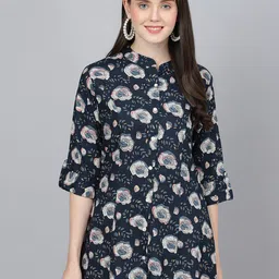 Divena Floral Printed Mandarin Collar Roll-Up Sleeves Shirt Style Longline Top-18