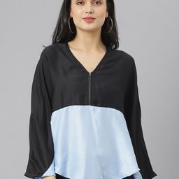 am ma Black & Turquoise Blue Colourblocked A-Line Top-image-88