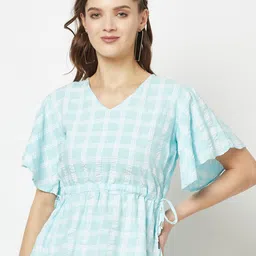 Crimsoune Club Checked Flared Sleeves Cinched Waist Top-image-49